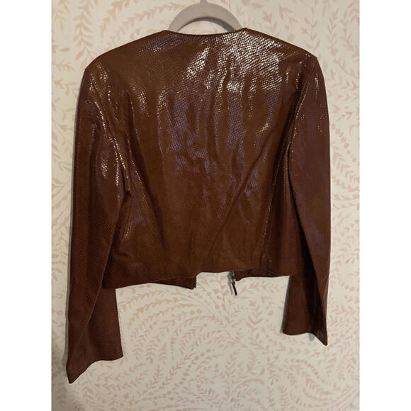 Oscar de la Renta Brown Exotic Leather Zip-Up Jacket Size 10 - Picture 5 of 6